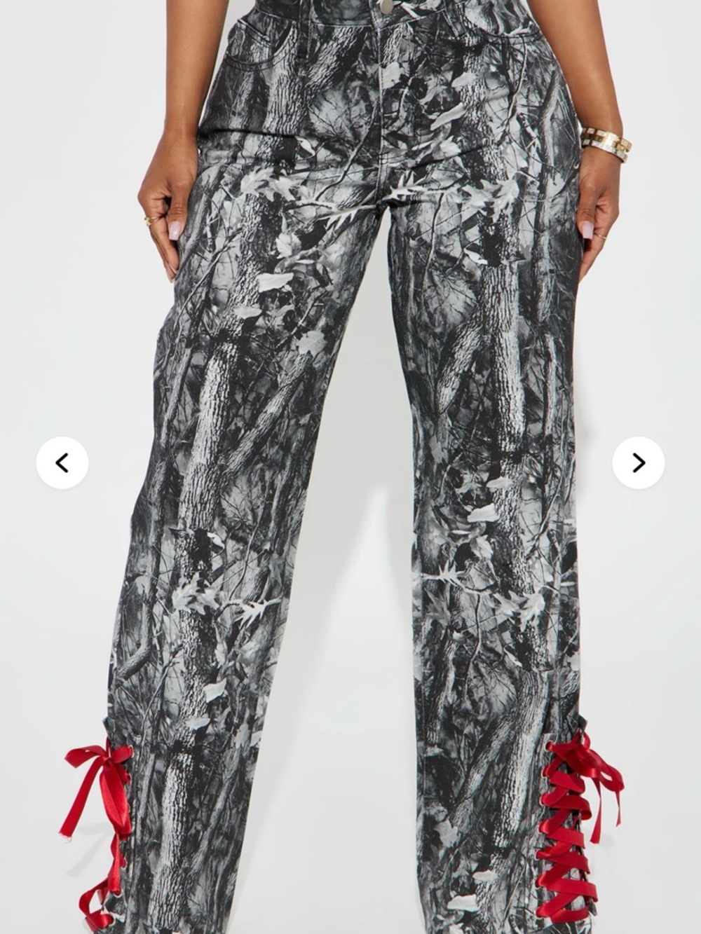 Women's Black Gray Printed Wide-Leg Pants with Red Ribbon Lacing